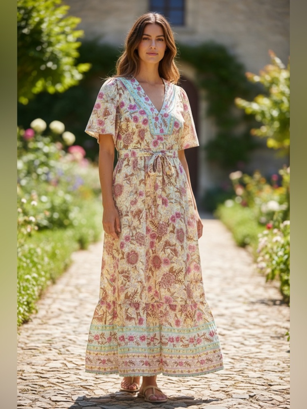 House of Sienna Boho Floral V-Neck Short Sleeve Midi Dress